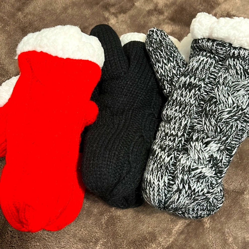 Pink super soft cotton gloves. Packet of three red, black, and patterned.